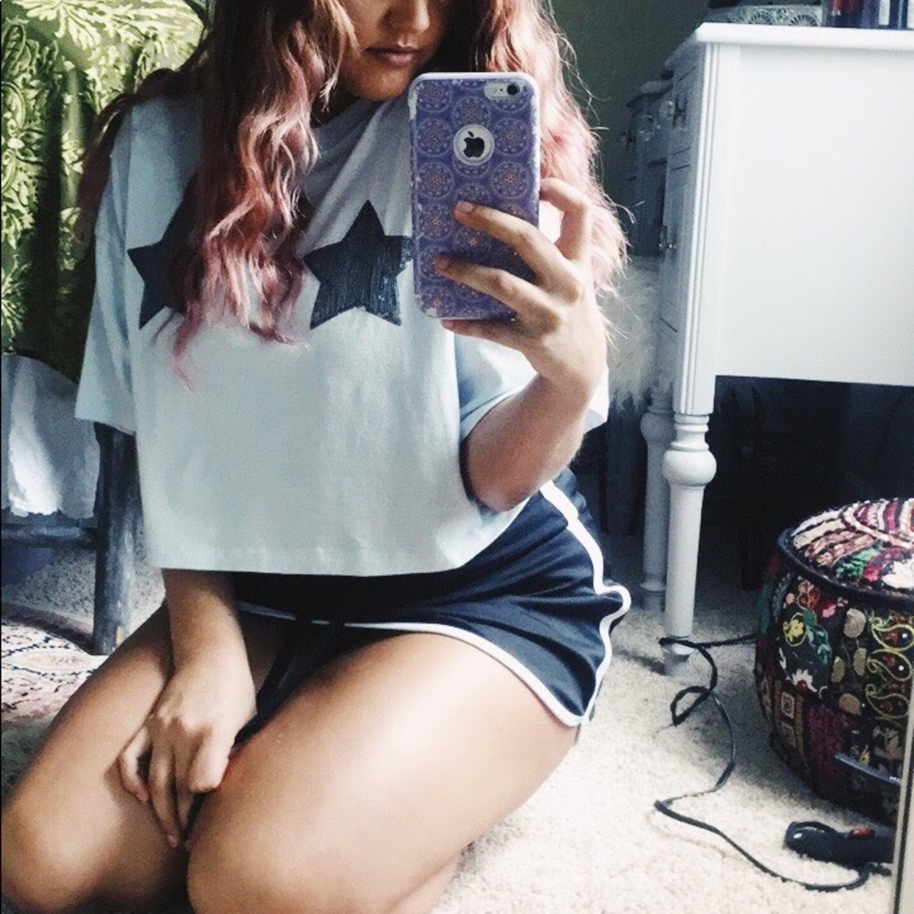 Boob Sequin Stars, Cropped, Sky Blue, T-Shirt